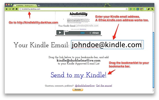 Kindlebility lets you email entire webpages to your Kindle