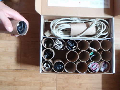 Organize your spare cables with toilet paper rolls