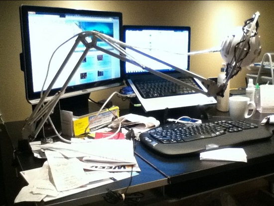 Turn a desk lamp into a swinging mic stand