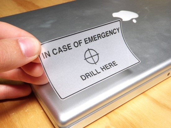 Emergency stickers tell you where to drill if you need to destroy your hard drive in a hurry