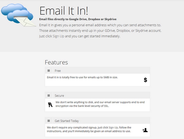 Email It In – email your files directly to Dropbox, Google Drive or Skydrive for quick and easy storage