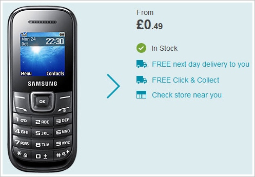 Samsung E1200 Mobile Phone – .49 pence new, 7 hours talk time, 3 weeks battery life