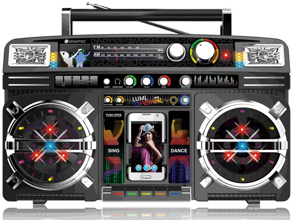 Portable Retro Boombox – turn your smartphone into an 80’s refugee and sparkle darling, sparkle…