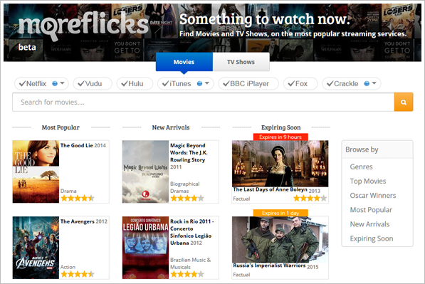 Moreflicks – what movies and TV shows are on the streaming services right now?