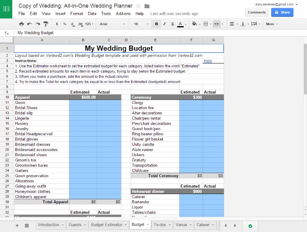 Google Wedding spreadsheet