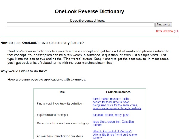 OneLook Reverse Dictionary – for those times when you can’t quite remember the word