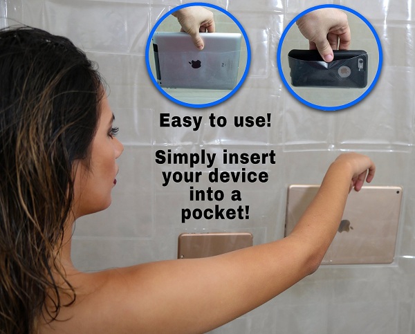 Shower Curtain Tablet Holder – never drip water on the floor to skip a song again